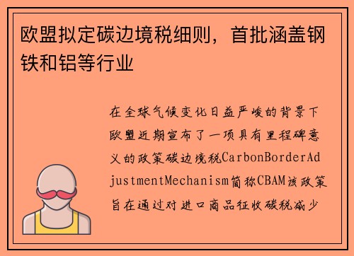 欧盟拟定碳边境税细则，首批涵盖钢铁和铝等行业